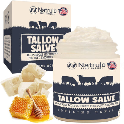 Natrulo Beef Tallow Salve – All Natural Grass Fed Beef Tallow & Honey All Purpose Balm for Eczema, Dry, Itchy, Irritated Skin – Moisturizing Body Salve, Skin Repair Skincare, 2 oz