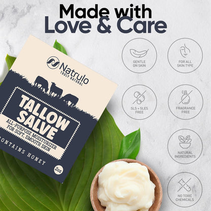 Natrulo Beef Tallow Salve – All Natural Grass Fed Beef Tallow & Honey All Purpose Balm for Eczema, Dry, Itchy, Irritated Skin – Moisturizing Body Salve, Skin Repair Skincare, 2 oz