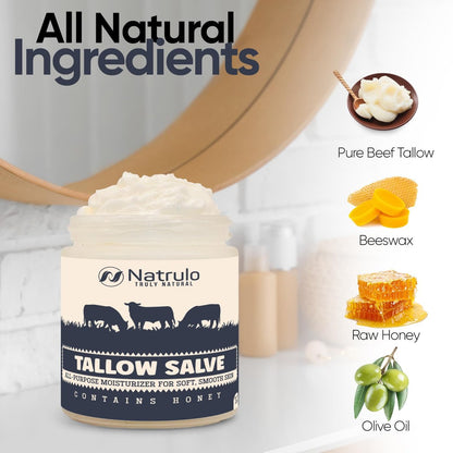 Natrulo Beef Tallow Salve – All Natural Grass Fed Beef Tallow & Honey All Purpose Balm for Eczema, Dry, Itchy, Irritated Skin – Moisturizing Body Salve, Skin Repair Skincare, 2 oz