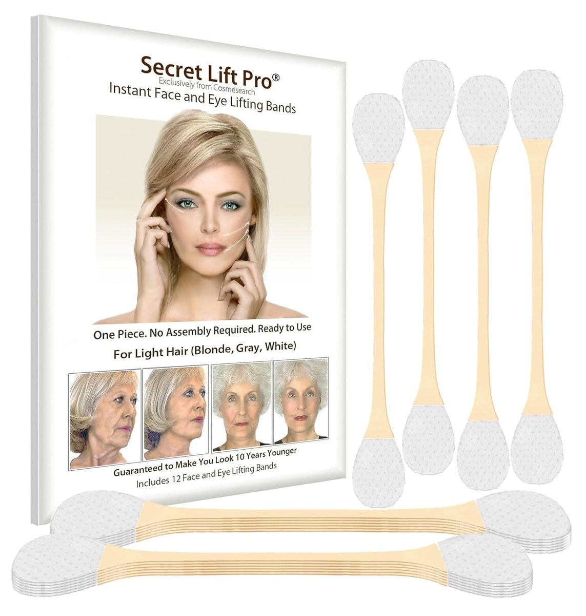 Secret Lift Pro Pre-Assembled Face and Eye Lift Tapes with Bands - Instant Non-Surgical Facelift, Light Hair Avelisse
