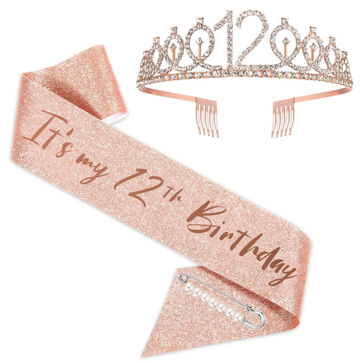 Rose Gold 12th Birthday Sash and Tiara Set for Girls – Birthday Crown and Party Favors - görsel 1