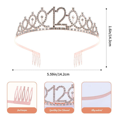 Rose Gold 12th Birthday Sash and Tiara Set for Girls – Birthday Crown and Party Favors