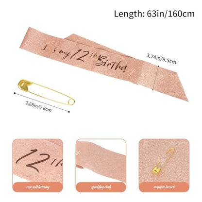 Rose Gold 12th Birthday Sash and Tiara Set for Girls – Birthday Crown and Party Favors
