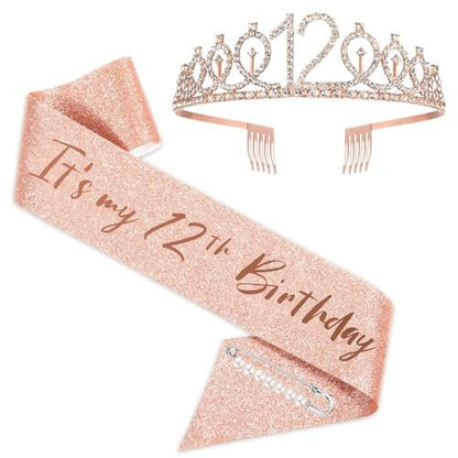 Rose Gold 12th Birthday Sash and Tiara Set for Girls – Birthday Crown and Party Favors