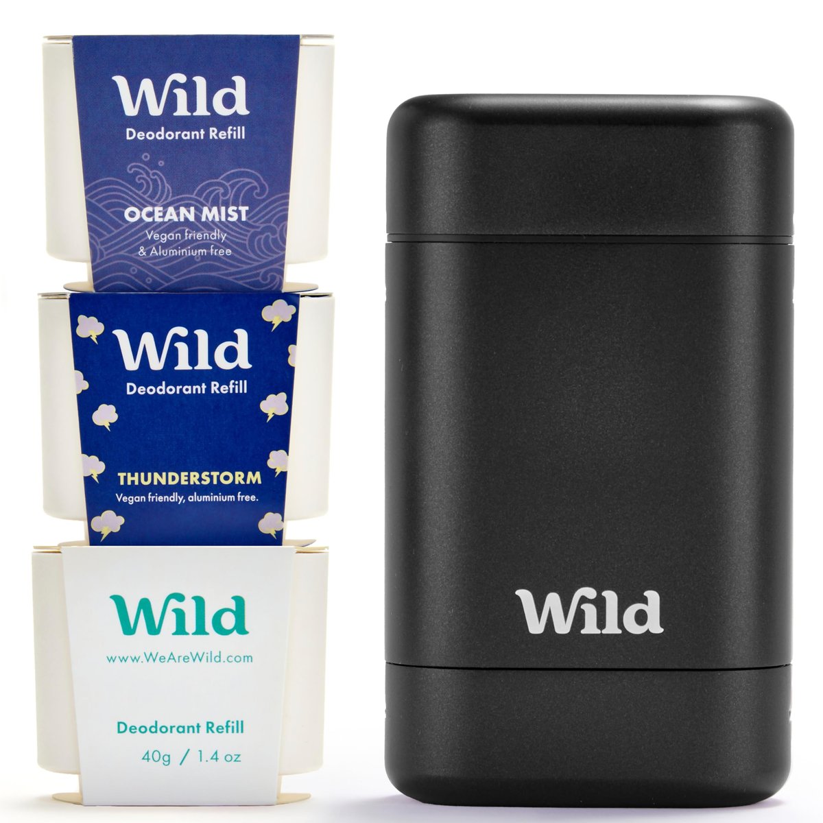 Wild Aluminum Free Deodorant for Men Starter Kit - Refillable Stick Deodorant with Black Applicator Case & Vegan Refill Variety Pack - Fresh Cotton & Sea Salt, Ocean Mist & Thunderstorm Clean Scents Avelisse