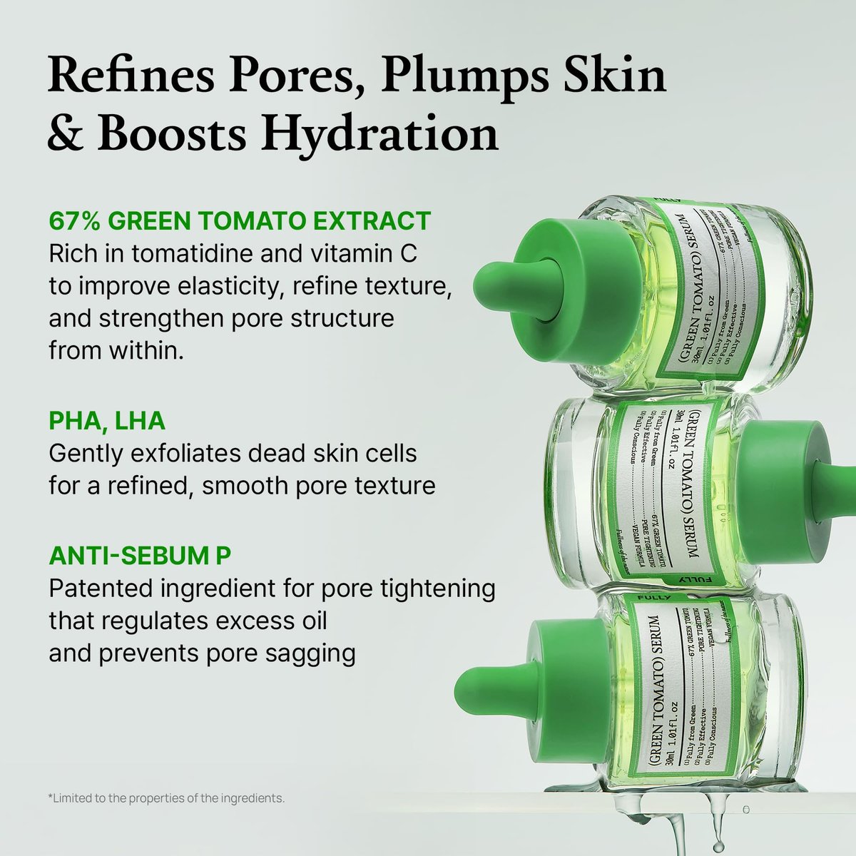 FULLY Green Tomato Serum with 67% Green Tomato Extract, Vitamin C, and PHA – Pore Tightening, Elasticity Boosting, Fragrance-Free Vegan Serum for Face (1.01 fl oz) Avelisse