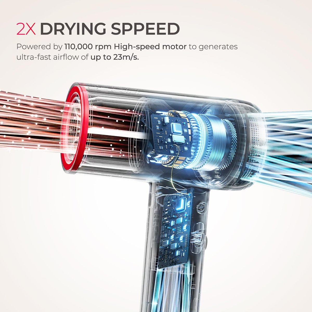 TYMO AIRHYPE Lite Hair Dryer with Diffuser - 1500W High-Speed Professional Blow Dryer, 110,000RPM Brushless Motor, 200 Million Ionic, 3 Speeds & 4 Temps, Low-Noise, Space Gray Avelisse