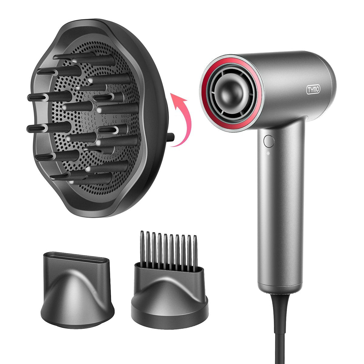TYMO AIRHYPE Lite Hair Dryer with Diffuser - 1500W High-Speed Professional Blow Dryer, 110,000RPM Brushless Motor, 200 Million Ionic, 3 Speeds & 4 Temps, Low-Noise, Space Gray Avelisse