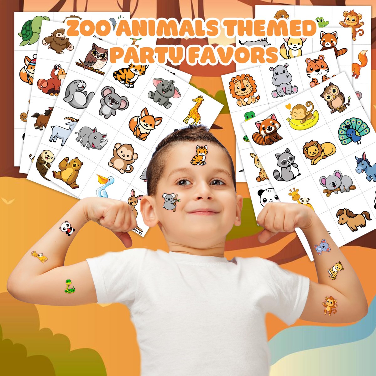 Cute Zoo Animal Tattoos for Kids (96 PCS, 8 Sheets) - Pre-cut Safari Jungle Temporary Tattoos, Birthday Party Favors & Supplies for Boys Girls, School Carnival Prizes Avelisse