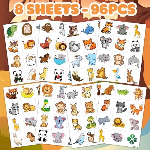 Cute Zoo Animal Tattoos for Kids (96 PCS, 8 Sheets) - Pre-cut Safari Jungle Temporary Tattoos, Birthday Party Favors & Supplies for Boys Girls, School Carnival Prizes Avelisse