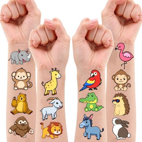 Cute Zoo Animal Tattoos for Kids (96 PCS, 8 Sheets) - Pre-cut Safari Jungle Temporary Tattoos, Birthday Party Favors & Supplies for Boys Girls, School Carnival Prizes Avelisse
