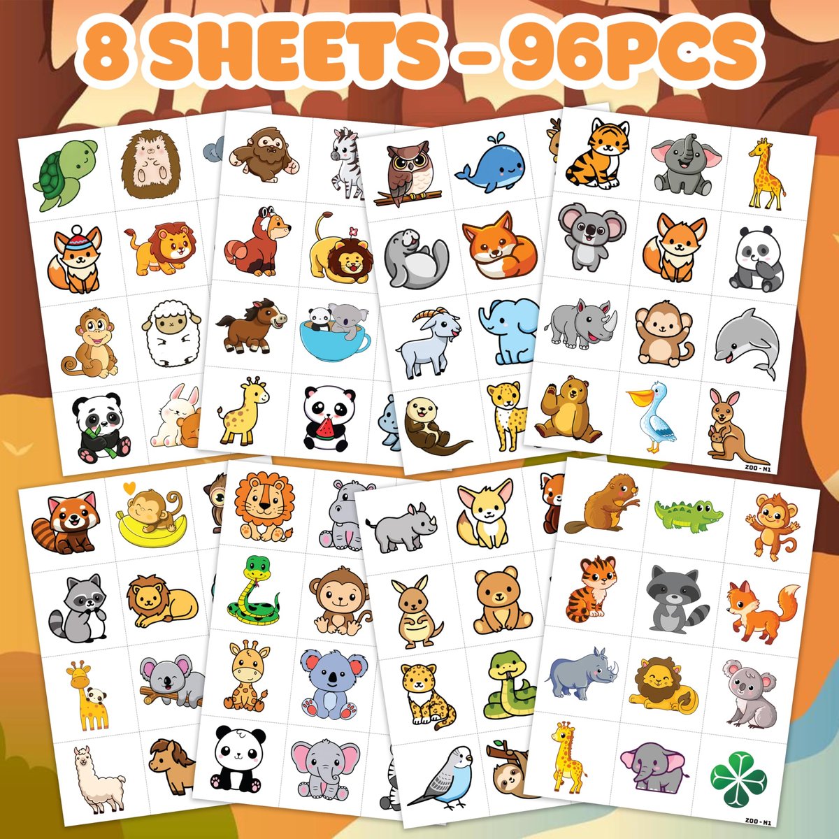 Cute Zoo Animal Tattoos for Kids (96 PCS, 8 Sheets) - Pre-cut Safari Jungle Temporary Tattoos, Birthday Party Favors & Supplies for Boys Girls, School Carnival Prizes Avelisse