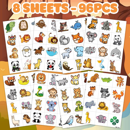 Cute Zoo Animal Tattoos for Kids (96 PCS, 8 Sheets) - Pre-cut Safari Jungle Temporary Tattoos, Birthday Party Favors & Supplies for Boys Girls, School Carnival Prizes Avelisse