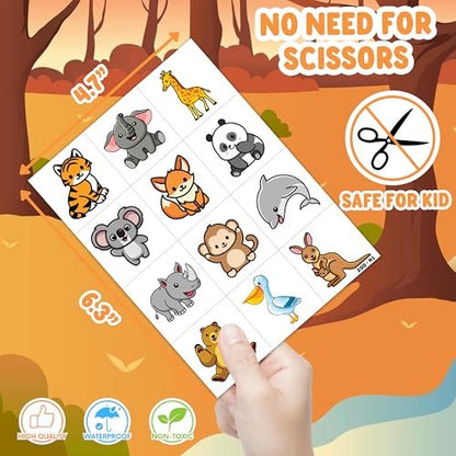 Cute Zoo Animal Tattoos for Kids (96 PCS, 8 Sheets) - Pre-cut Safari Jungle Temporary Tattoos, Birthday Party Favors & Supplies for Boys Girls, School Carnival Prizes Avelisse