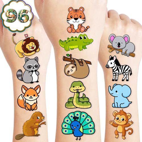 Cute Zoo Animal Tattoos for Kids (96 PCS, 8 Sheets) - Pre-cut Safari Jungle Temporary Tattoos, Birthday Party Favors & Supplies for Boys Girls, School Carnival Prizes Avelisse