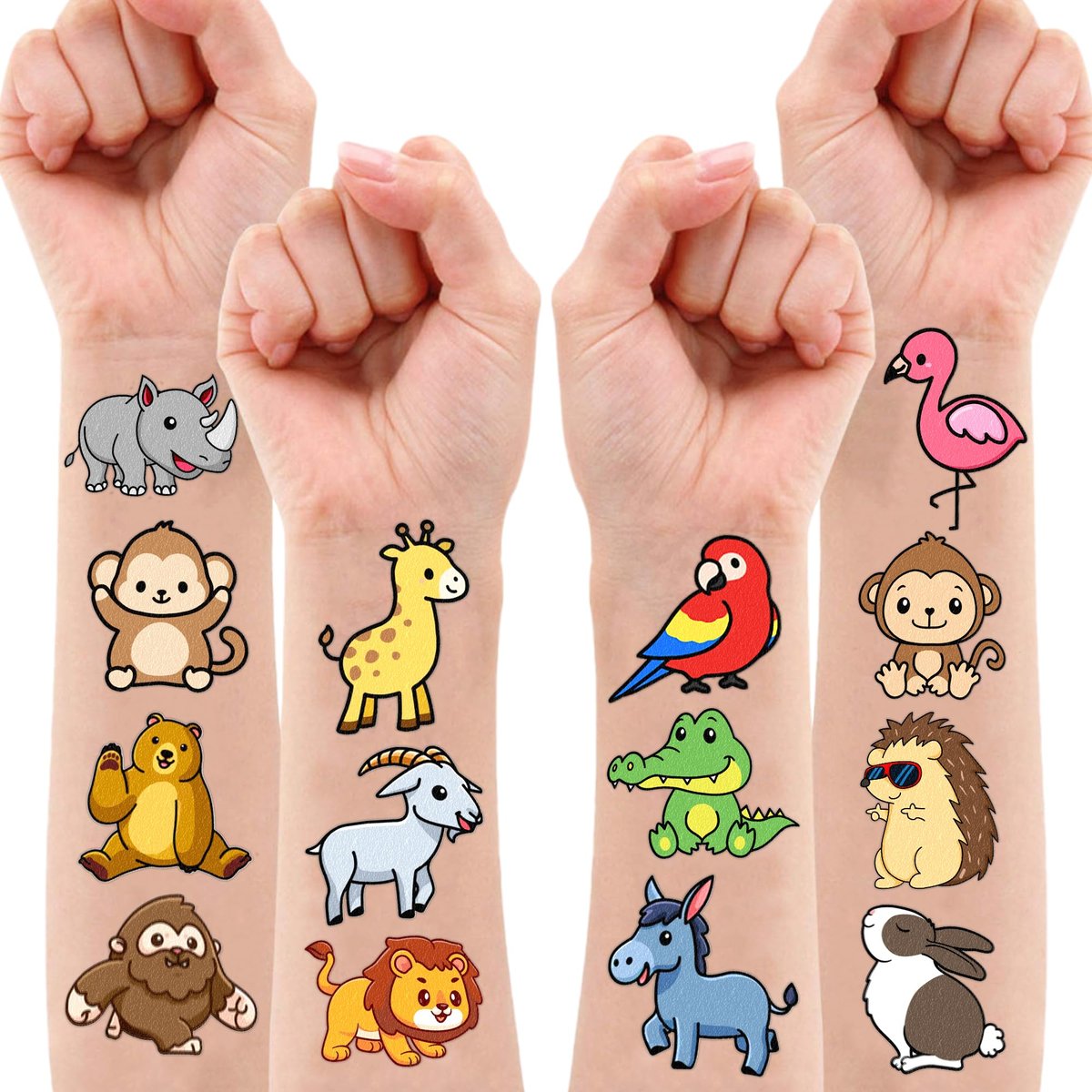 Cute Zoo Animal Tattoos for Kids (96 PCS, 8 Sheets) - Pre-cut Safari Jungle Temporary Tattoos, Birthday Party Favors & Supplies for Boys Girls, School Carnival Prizes Avelisse