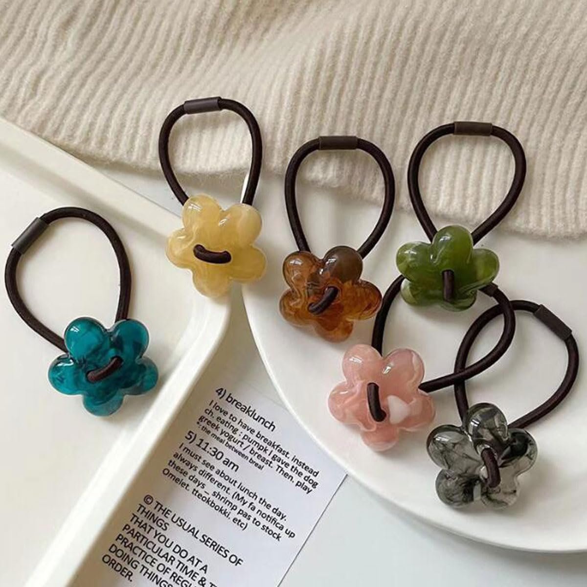 Likeggoad Hair Ties Pack: Elastic Ponytail Holders with Resin Flower Bracelets for Women and Girls (6 Pairs, Random Colors) - görsel 9