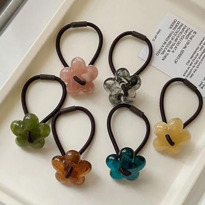 Likeggoad Hair Ties Pack: Elastic Ponytail Holders with Resin Flower Bracelets for Women and Girls (6 Pairs, Random Colors)