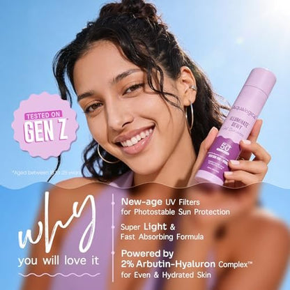 Aqualogica Illuminate+ Dewy Sunscreen SPF 50+ PA++++ with Wild Berries & Alpha Arbutin - Broad Spectrum UVA/B & Blue Light Protection, Anti-Pollution, 50 g