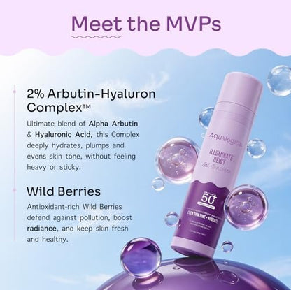 Aqualogica Illuminate+ Dewy Sunscreen SPF 50+ PA++++ with Wild Berries & Alpha Arbutin - Broad Spectrum UVA/B & Blue Light Protection, Anti-Pollution, 50 g