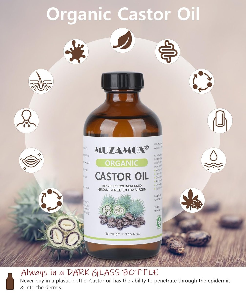 Organic Cold Pressed Castor Oil, 100% Pure & Hexane Free, Glass Bottle – 16 Fl Oz for Hair Growth, Skin Care, and Castor Oil Packs Avelisse