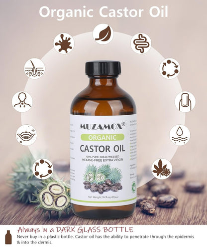 Organic Cold Pressed Castor Oil, 100% Pure & Hexane Free, Glass Bottle – 16 Fl Oz for Hair Growth, Skin Care, and Castor Oil Packs Avelisse