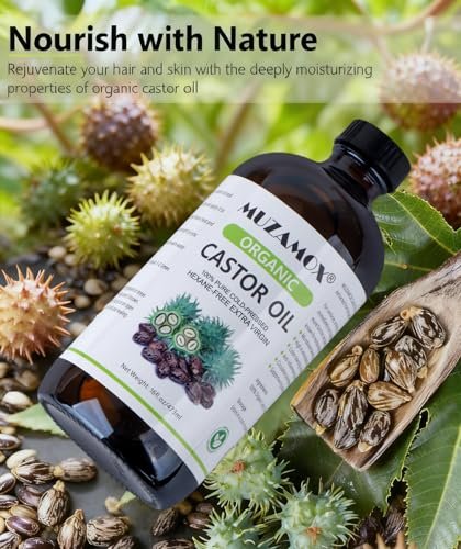 Organic Cold Pressed Castor Oil, 100% Pure & Hexane Free, Glass Bottle – 16 Fl Oz for Hair Growth, Skin Care, and Castor Oil Packs Avelisse