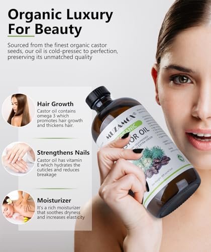 Organic Cold Pressed Castor Oil, 100% Pure & Hexane Free, Glass Bottle – 16 Fl Oz for Hair Growth, Skin Care, and Castor Oil Packs Avelisse