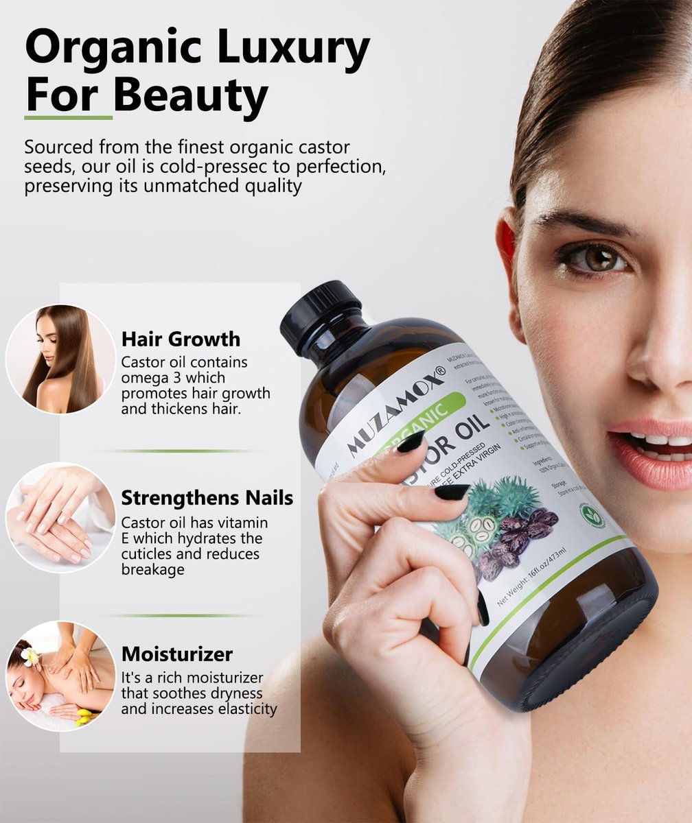 Organic Cold Pressed Castor Oil, 100% Pure & Hexane Free, Glass Bottle – 16 Fl Oz for Hair Growth, Skin Care, and Castor Oil Packs Avelisse