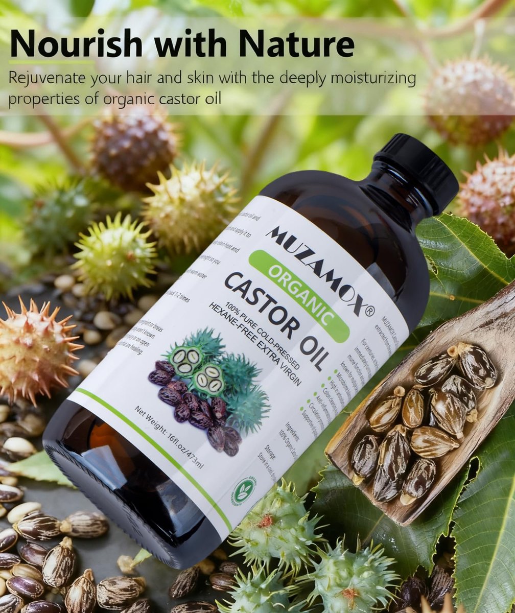 Organic Cold Pressed Castor Oil, 100% Pure & Hexane Free, Glass Bottle – 16 Fl Oz for Hair Growth, Skin Care, and Castor Oil Packs Avelisse