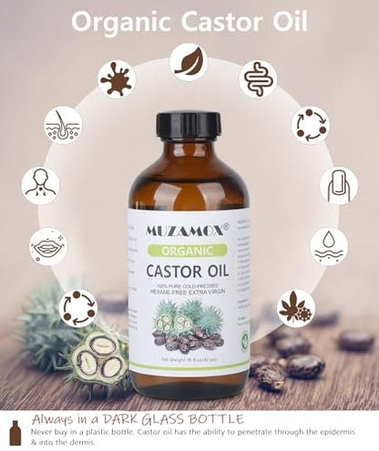 Organic Cold Pressed Castor Oil, 100% Pure & Hexane Free, Glass Bottle – 16 Fl Oz for Hair Growth, Skin Care, and Castor Oil Packs Avelisse