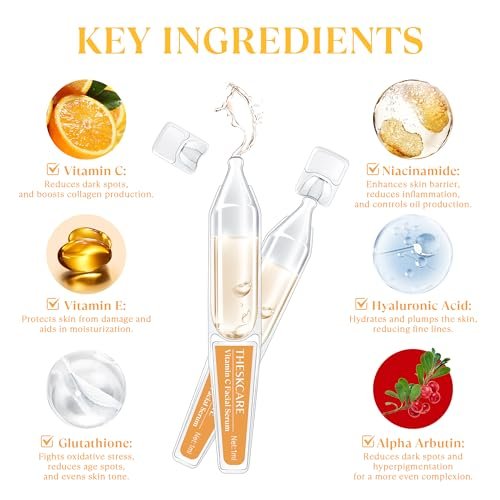 THESKCARE Vitamin C Face Serum with Hyaluronic Acid, Glutathione, Vitamin E & Niacinamide - Anti Aging Serum for Wrinkles & Dark Spots, Hydrating & Glowing - 30 Ampoules Avelisse