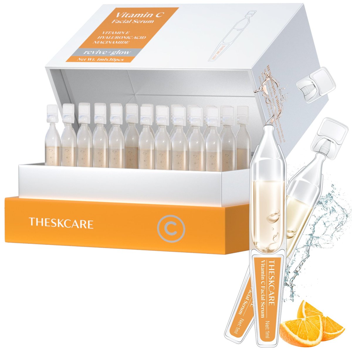 THESKCARE Vitamin C Face Serum with Hyaluronic Acid, Glutathione, Vitamin E & Niacinamide - Anti Aging Serum for Wrinkles & Dark Spots, Hydrating & Glowing - 30 Ampoules Avelisse