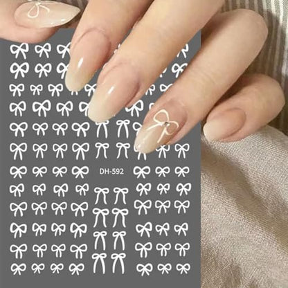 6 Sheets Designer Nail Art Stickers - French Nail Decals with Black White Bow Designs, 3D Adhesive Bow Transfer Tape Slider Decals for Women Manicure Accessories