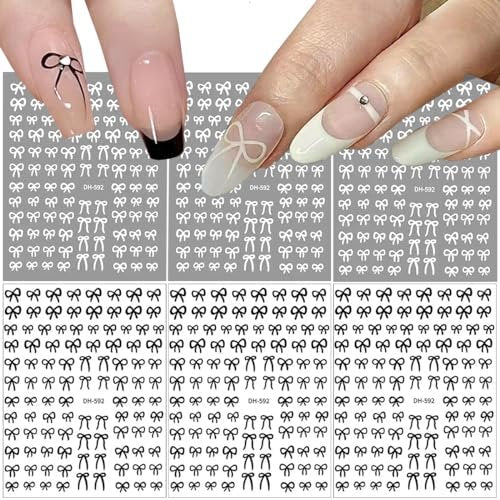 6 Sheets Designer Nail Art Stickers - French Nail Decals with Black White Bow Designs, 3D Adhesive Bow Transfer Tape Slider Decals for Women Manicure Accessories - görsel 14