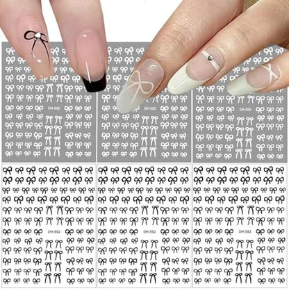 6 Sheets Designer Nail Art Stickers - French Nail Decals with Black White Bow Designs, 3D Adhesive Bow Transfer Tape Slider Decals for Women Manicure Accessories