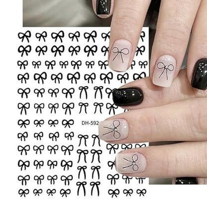 6 Sheets Designer Nail Art Stickers - French Nail Decals with Black White Bow Designs, 3D Adhesive Bow Transfer Tape Slider Decals for Women Manicure Accessories