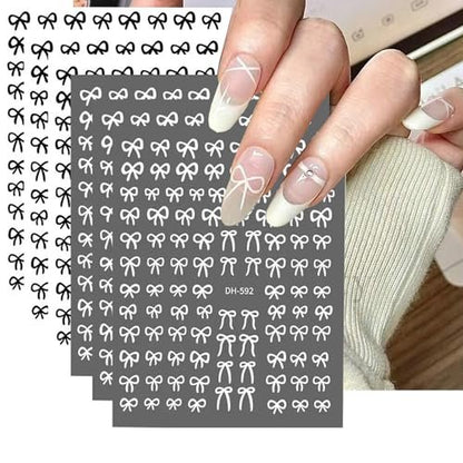 6 Sheets Designer Nail Art Stickers - French Nail Decals with Black White Bow Designs, 3D Adhesive Bow Transfer Tape Slider Decals for Women Manicure Accessories