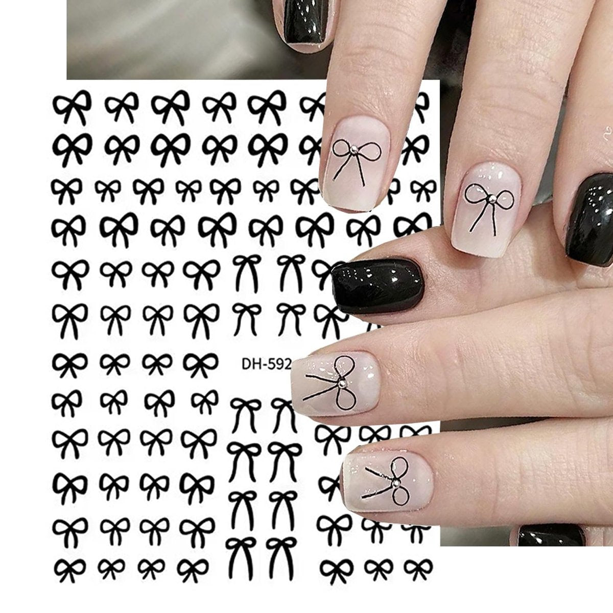 6 Sheets Designer Nail Art Stickers - French Nail Decals with Black White Bow Designs, 3D Adhesive Bow Transfer Tape Slider Decals for Women Manicure Accessories - görsel 3