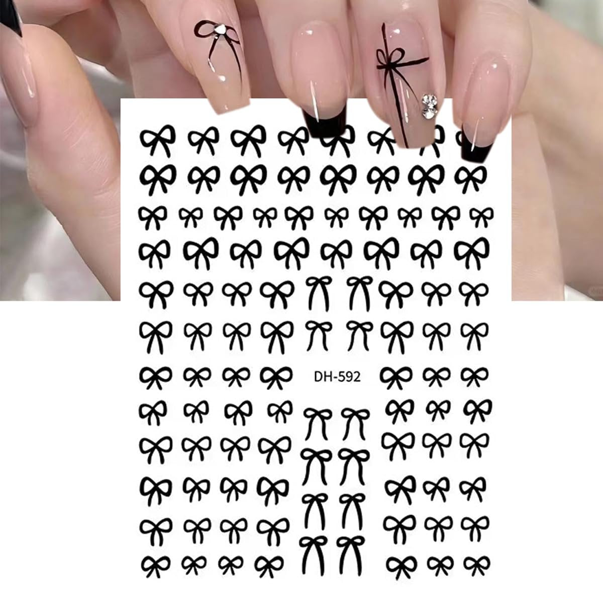 6 Sheets Designer Nail Art Stickers - French Nail Decals with Black White Bow Designs, 3D Adhesive Bow Transfer Tape Slider Decals for Women Manicure Accessories - görsel 9