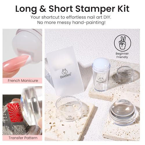 Beetles French Tip Nail Stamp Tool 4Pcs Set – Short Clear Silicone Stamper & Scraper for DIY Manicure - görsel 4