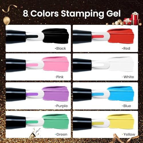 Beetles Nail Stamp Gel 16Pcs French Tip Nail Stamp Kit with 8 Colors Stamper Gel Polish, Stamping Templates, Scrapers, Liquid Latex & Silicone Stamper Avelisse