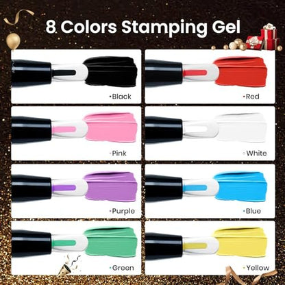 Beetles Nail Stamp Gel 16Pcs French Tip Nail Stamp Kit with 8 Colors Stamper Gel Polish, Stamping Templates, Scrapers, Liquid Latex & Silicone Stamper Avelisse