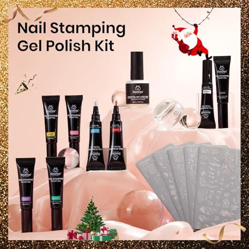 Beetles Nail Stamp Gel 16Pcs French Tip Nail Stamp Kit with 8 Colors Stamper Gel Polish, Stamping Templates, Scrapers, Liquid Latex & Silicone Stamper Avelisse