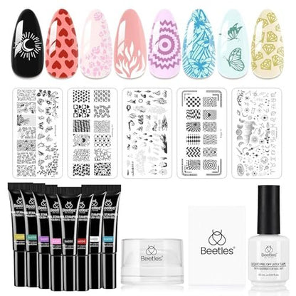 Beetles Nail Stamp Gel 16Pcs French Tip Nail Stamp Kit with 8 Colors Stamper Gel Polish, Stamping Templates, Scrapers, Liquid Latex & Silicone Stamper Avelisse
