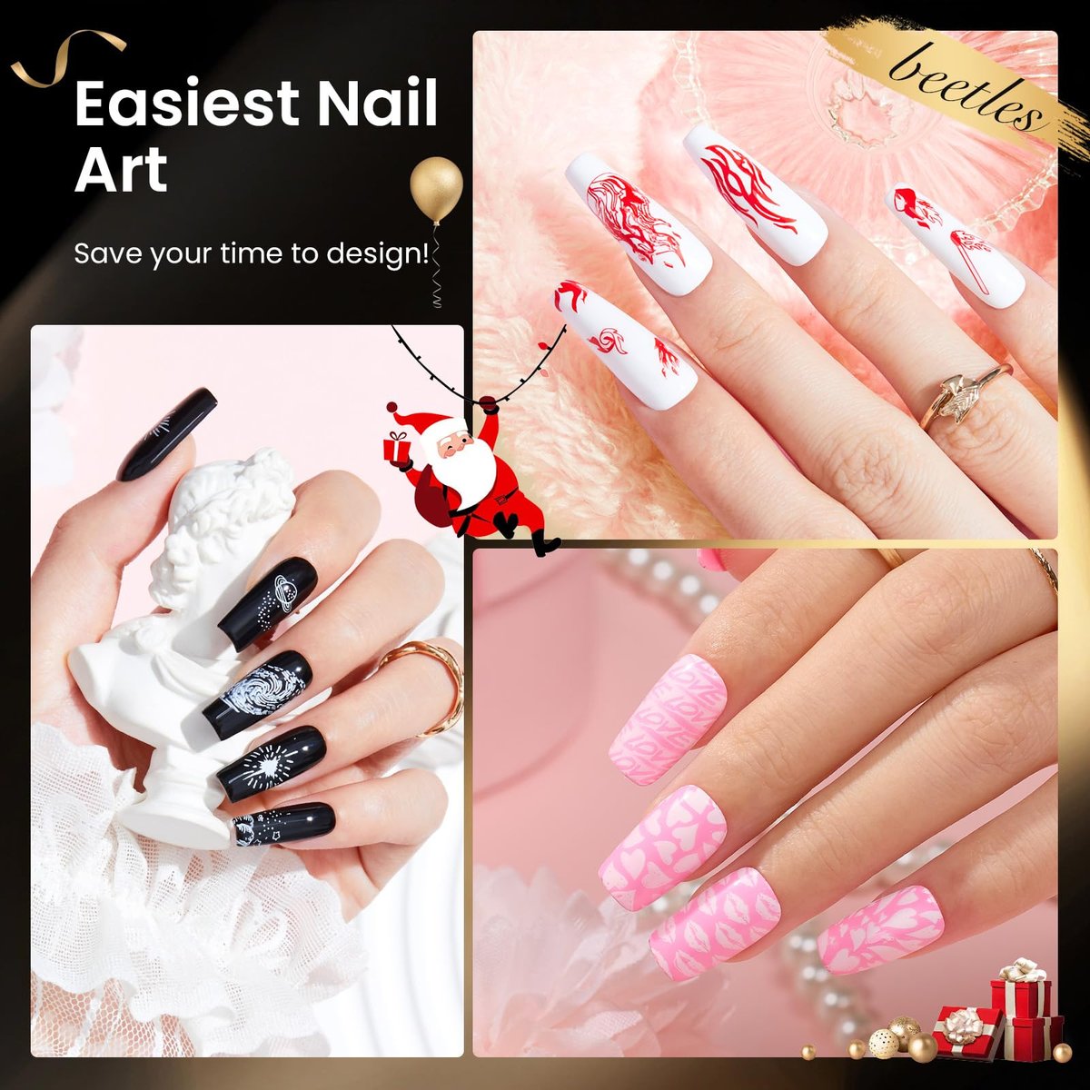 Beetles Nail Stamp Gel 16Pcs French Tip Nail Stamp Kit with 8 Colors Stamper Gel Polish, Stamping Templates, Scrapers, Liquid Latex & Silicone Stamper Avelisse