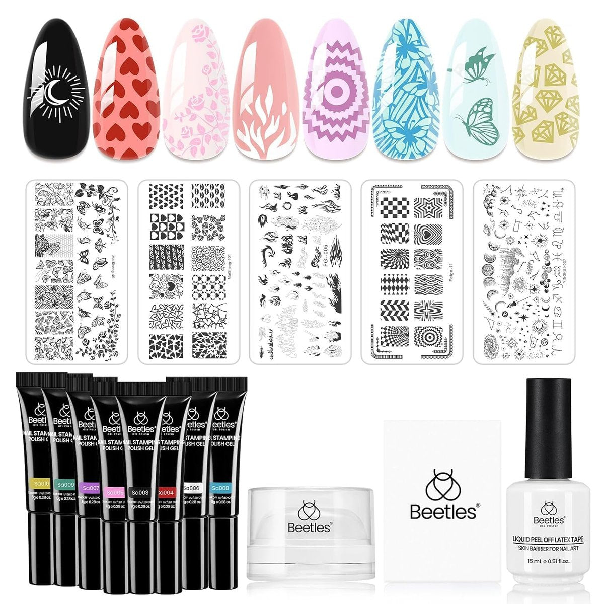 Beetles Nail Stamp Gel 16Pcs French Tip Nail Stamp Kit with 8 Colors Stamper Gel Polish, Stamping Templates, Scrapers, Liquid Latex & Silicone Stamper Avelisse