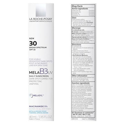 La Roche-Posay Mela B3 UV Daily Sunscreen SPF 30 Face Moisturizer with Melasyl & 5% Niacinamide – Anti-Aging, No White Cast, 40ml Avelisse