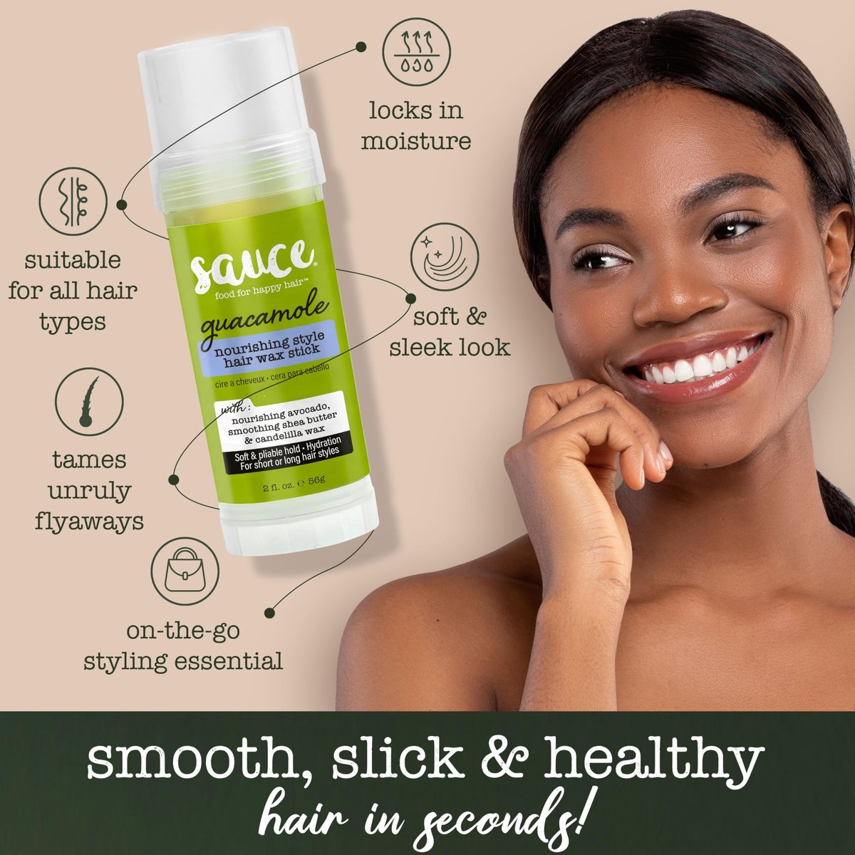 SAUCE BEAUTY Guacamole Hair Wax - Moisturizing Avocado Oil & Shea Butter Wax for Styling Flyaway & Brittle Hair, Paraben & Sulfate Free (2 oz) Avelisse