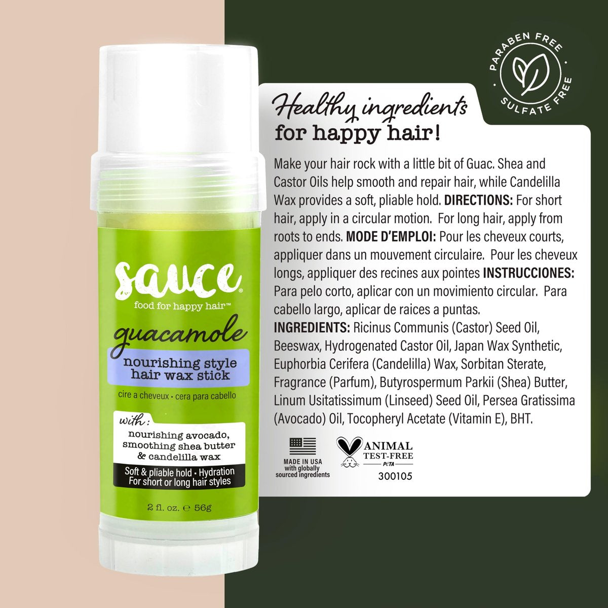 SAUCE BEAUTY Guacamole Hair Wax - Moisturizing Avocado Oil & Shea Butter Wax for Styling Flyaway & Brittle Hair, Paraben & Sulfate Free (2 oz) Avelisse